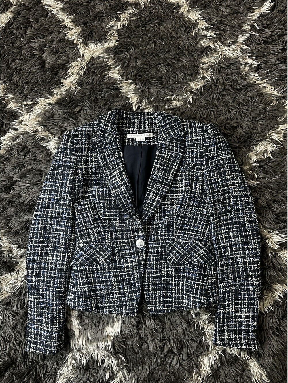 Veronica Beard Womens Size 0 Blue Black Textured Tweed Single Button Blazer